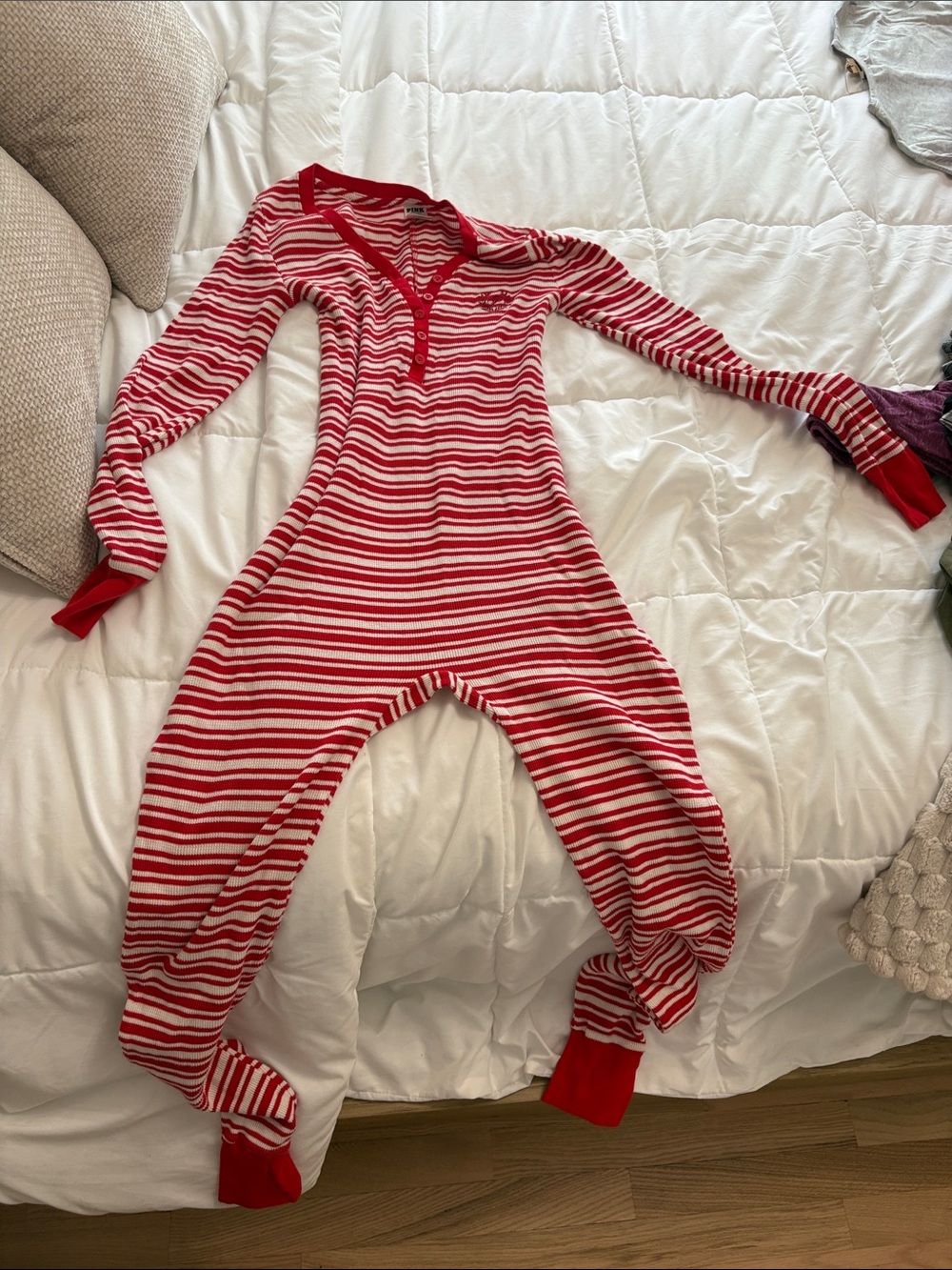 Discontinued PINK Victoria's Secret Red and White Striped Kids Footed One-Piece